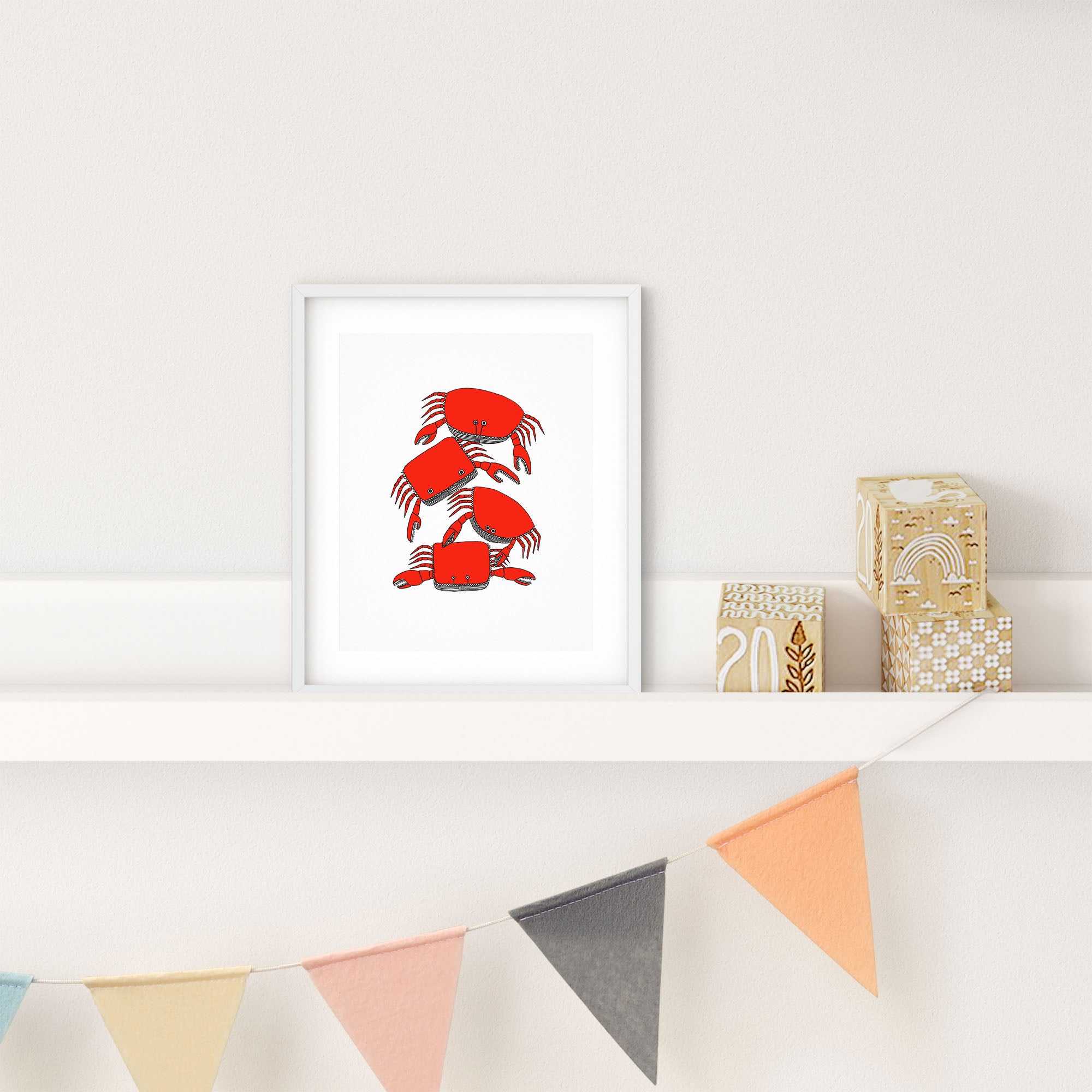 Colorful Pile of Crab print featuring playful illustrated crabs, perfect for home decor.