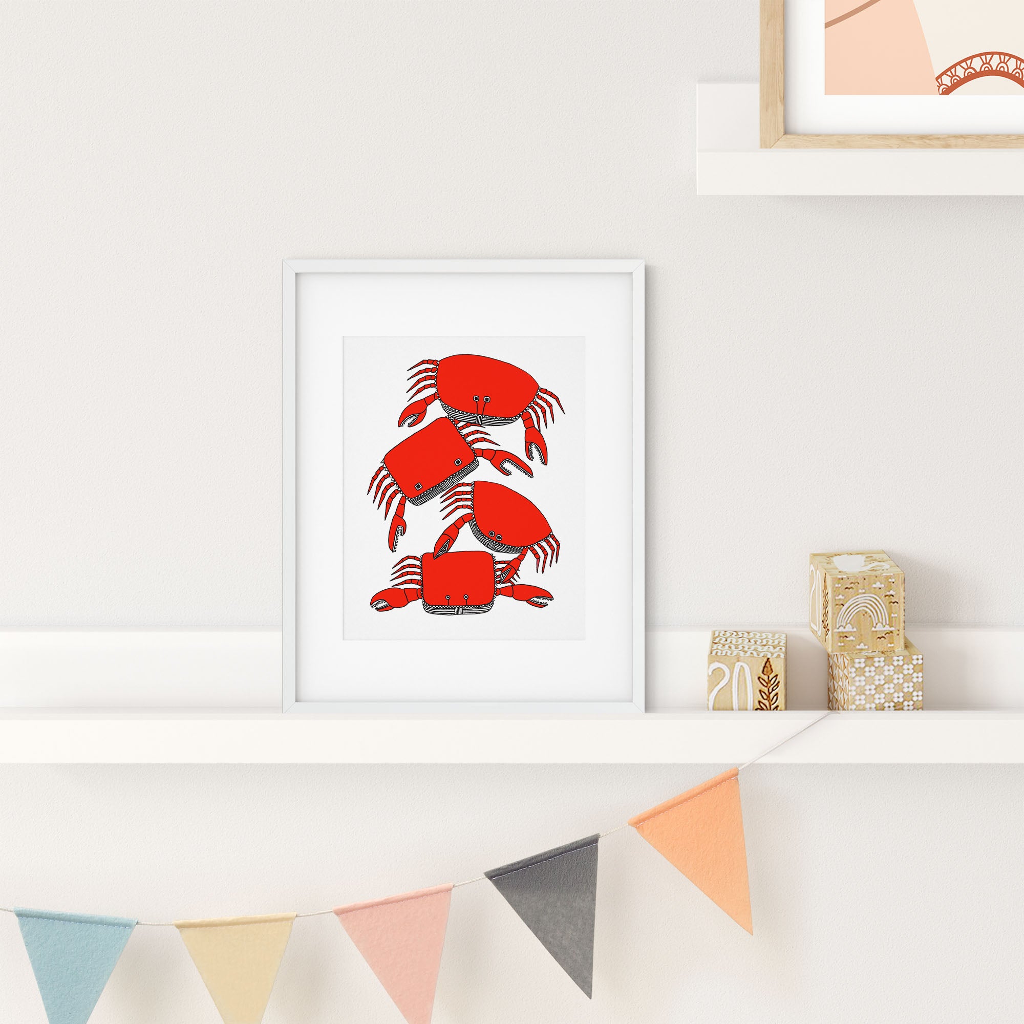 Colorful Pile of Crab print featuring playful illustrated crabs, perfect for home decor.