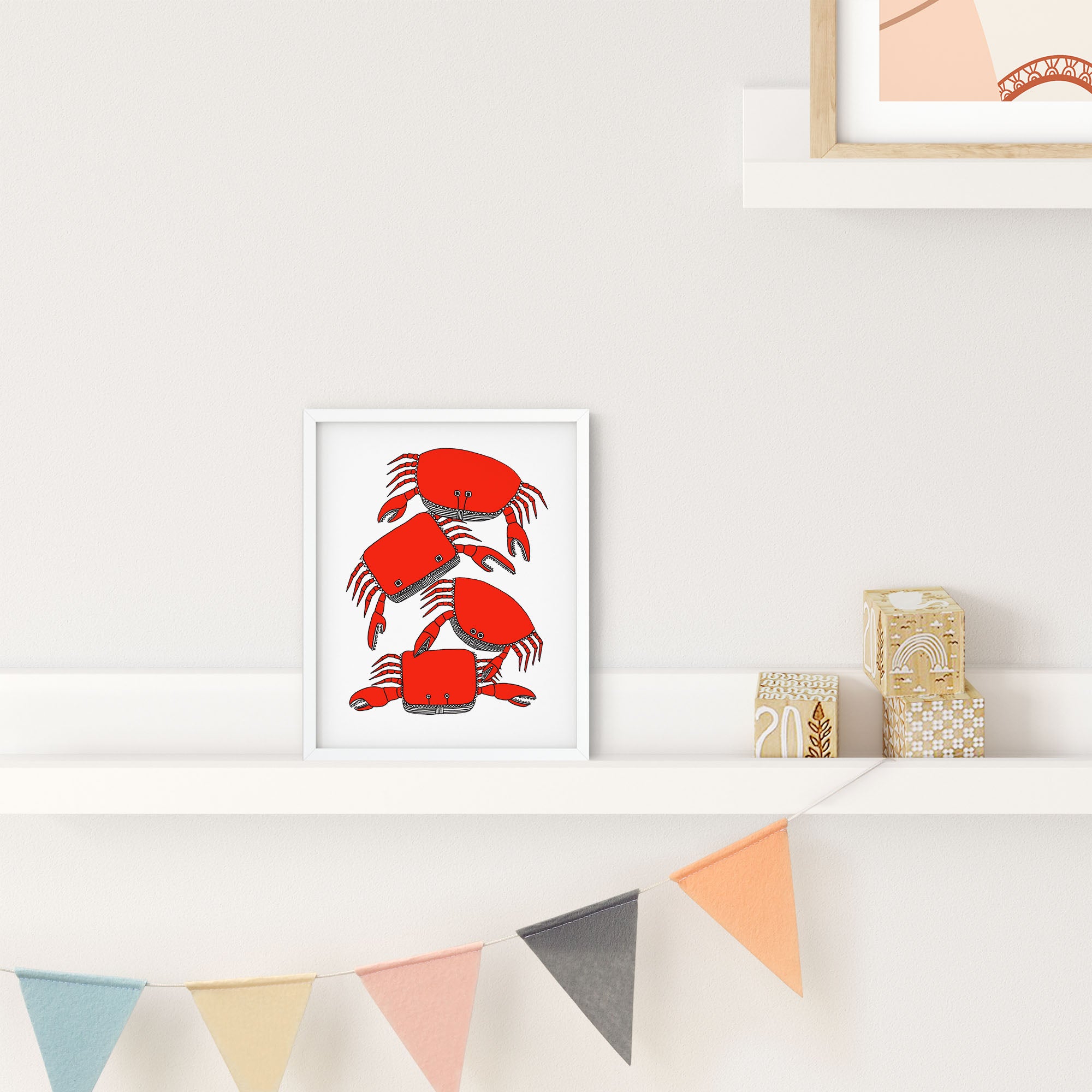 Colorful Pile of Crab print featuring playful illustrated crabs, perfect for home decor.