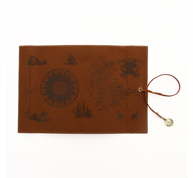 Brown leather mat with map design.