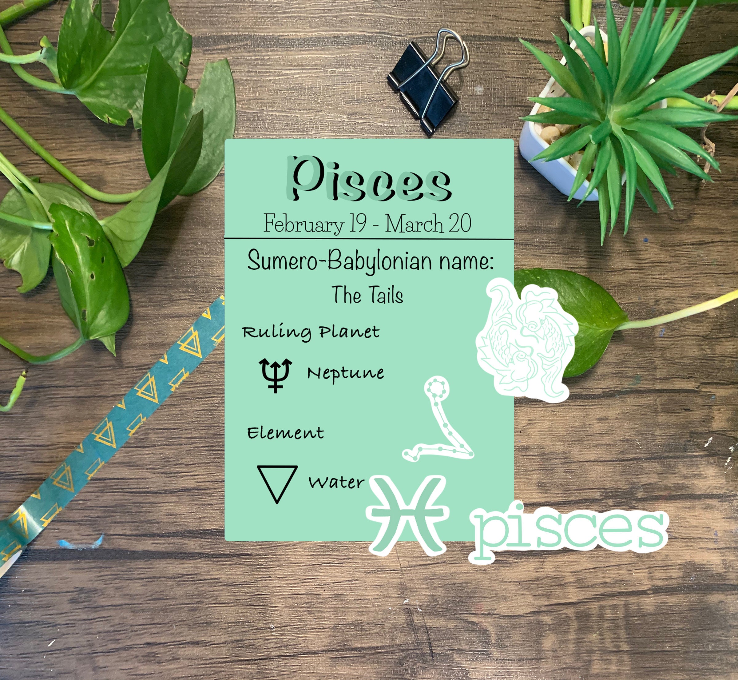 A colorful Pisces Zodiac Sticker Pack featuring four unique waterproof stickers, including the Pisces symbol, constellation, and fish designs.