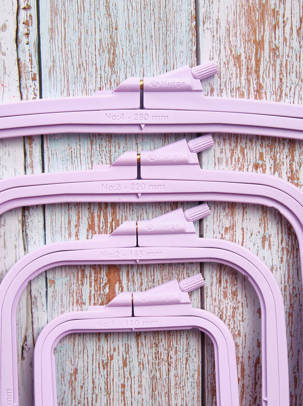 Nurge 170-13 Pastel Lilac Square Hoop, measuring 195mm x 220mm, designed for embroidery and needlecraft.