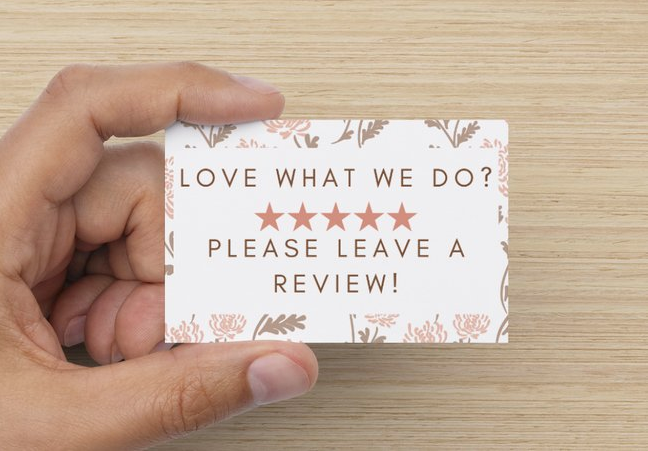 A set of Please Leave a Review cards, sized 8.5 x 5.5 cm, featuring a silk matte finish, designed to encourage customer feedback.