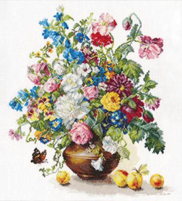 Poetry of Flowers Counted Cross Stitch Kit featuring vibrant threads and white aida fabric, perfect for creating floral art.