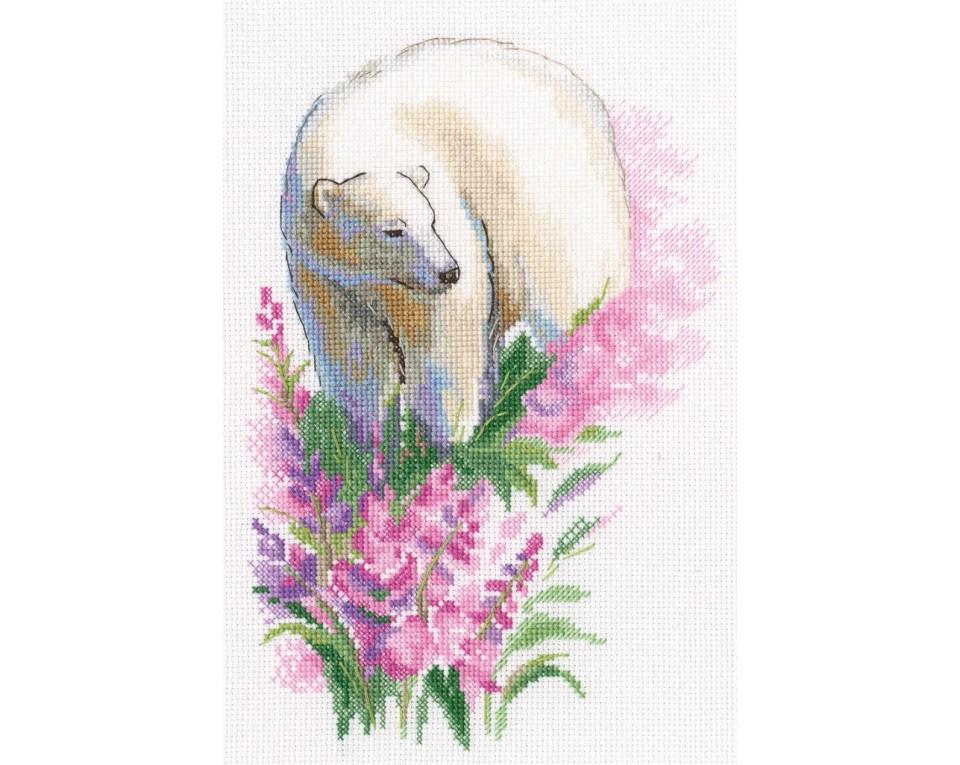 Polar Bear M971 Counted Cross Stitch Kit featuring Aida fabric, DMC threads, and detailed instructions for crafting.