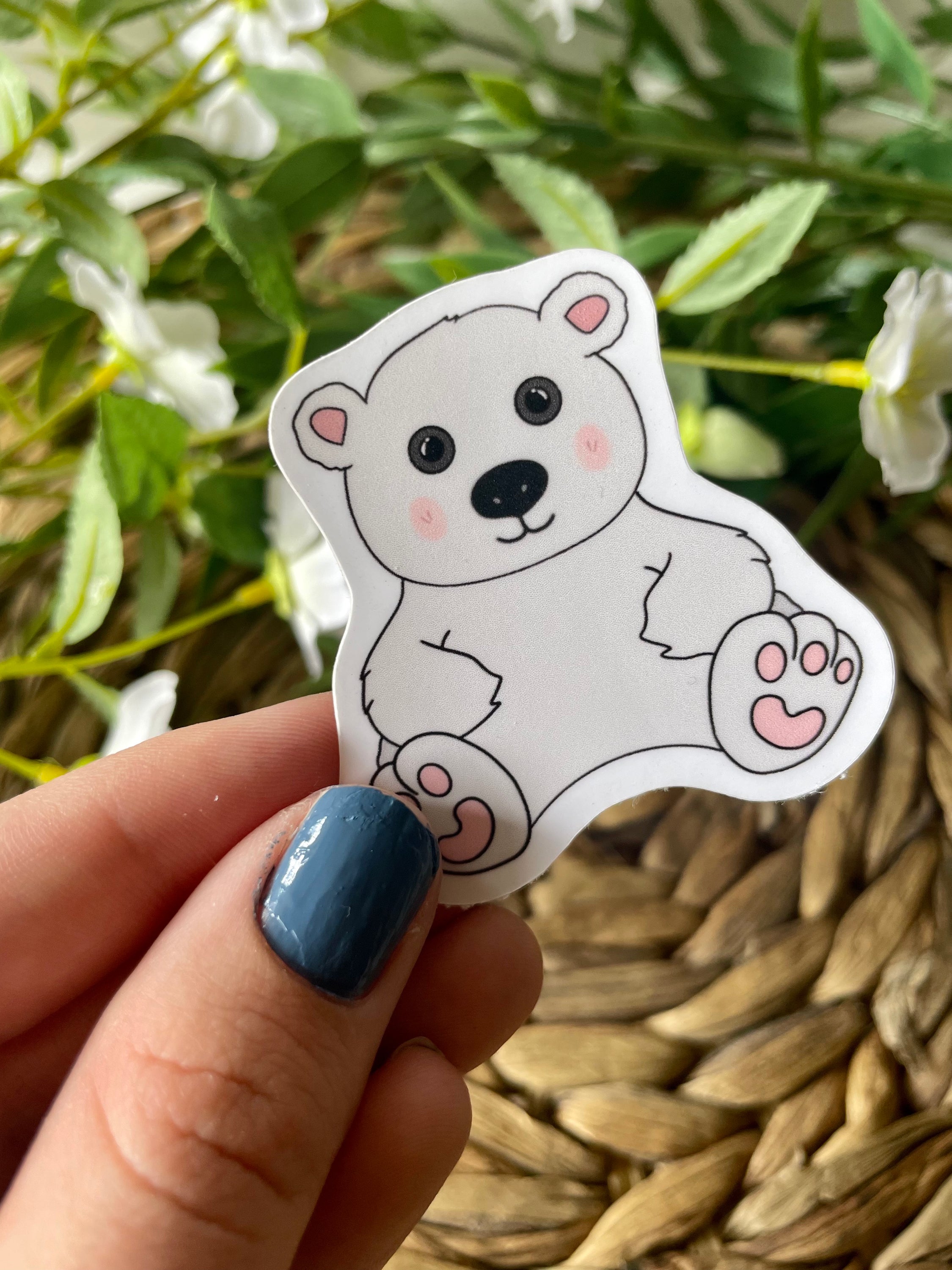 A cute polar bear sticker designed for customization, featuring a charming polar bear illustration on a waterproof background.