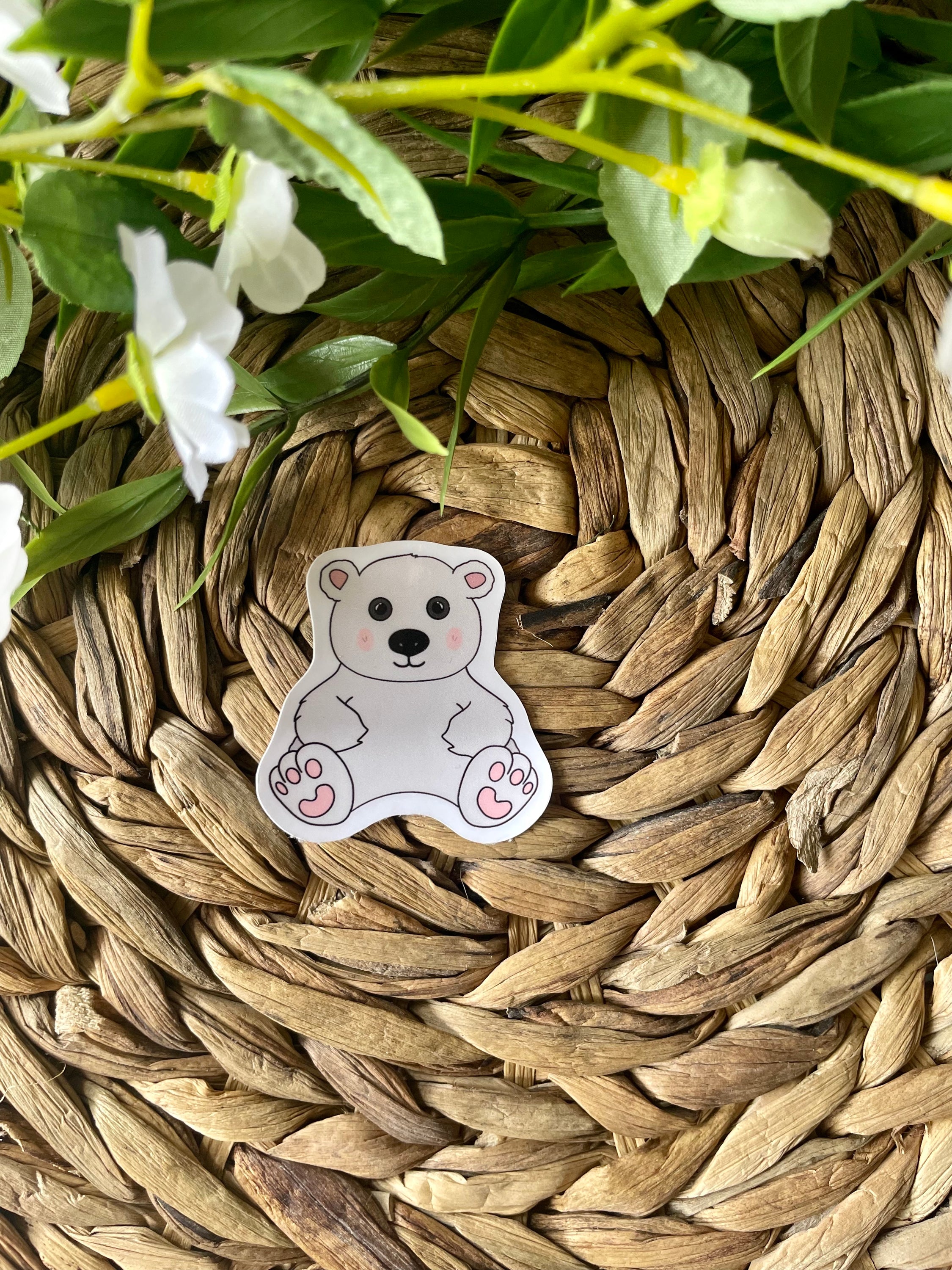 A cute polar bear sticker designed for customization, featuring a charming polar bear illustration on a waterproof background.