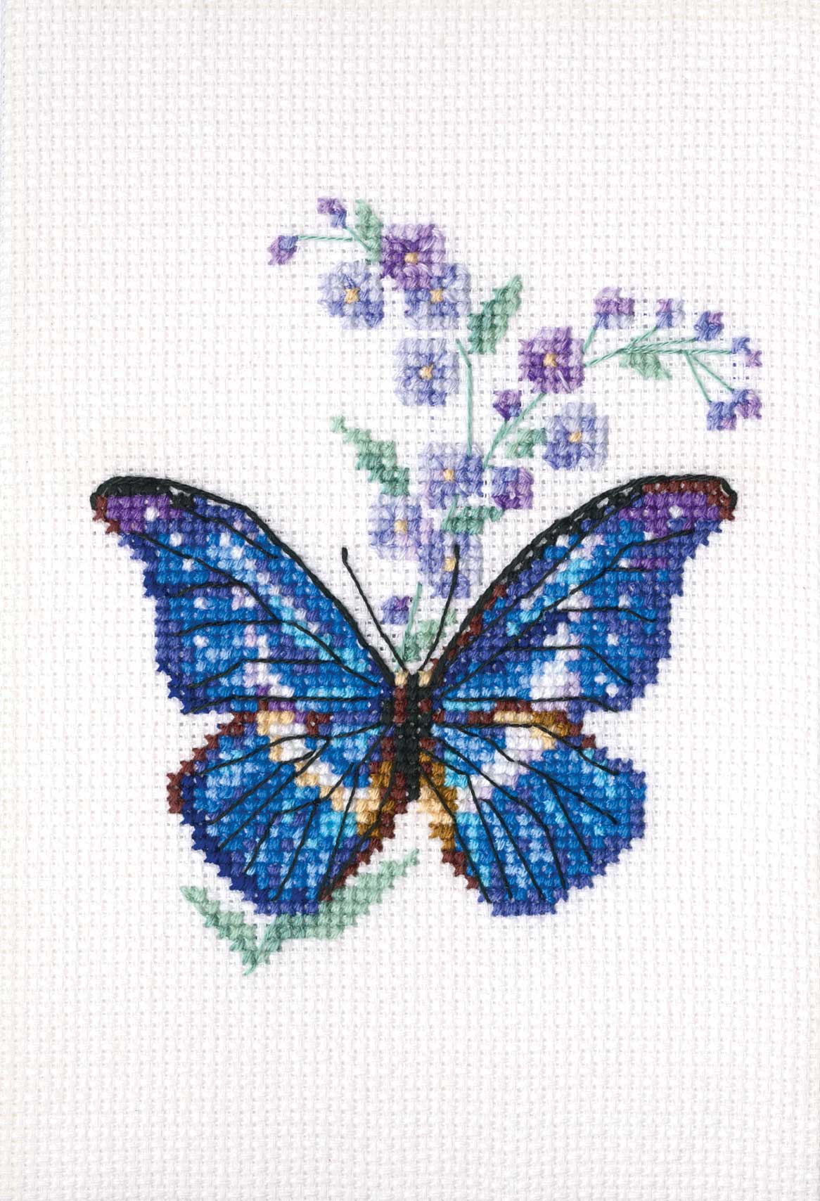 Polemonium and butterfly counted cross stitch kit featuring Aida canvas, DMC threads, and stitching supplies.