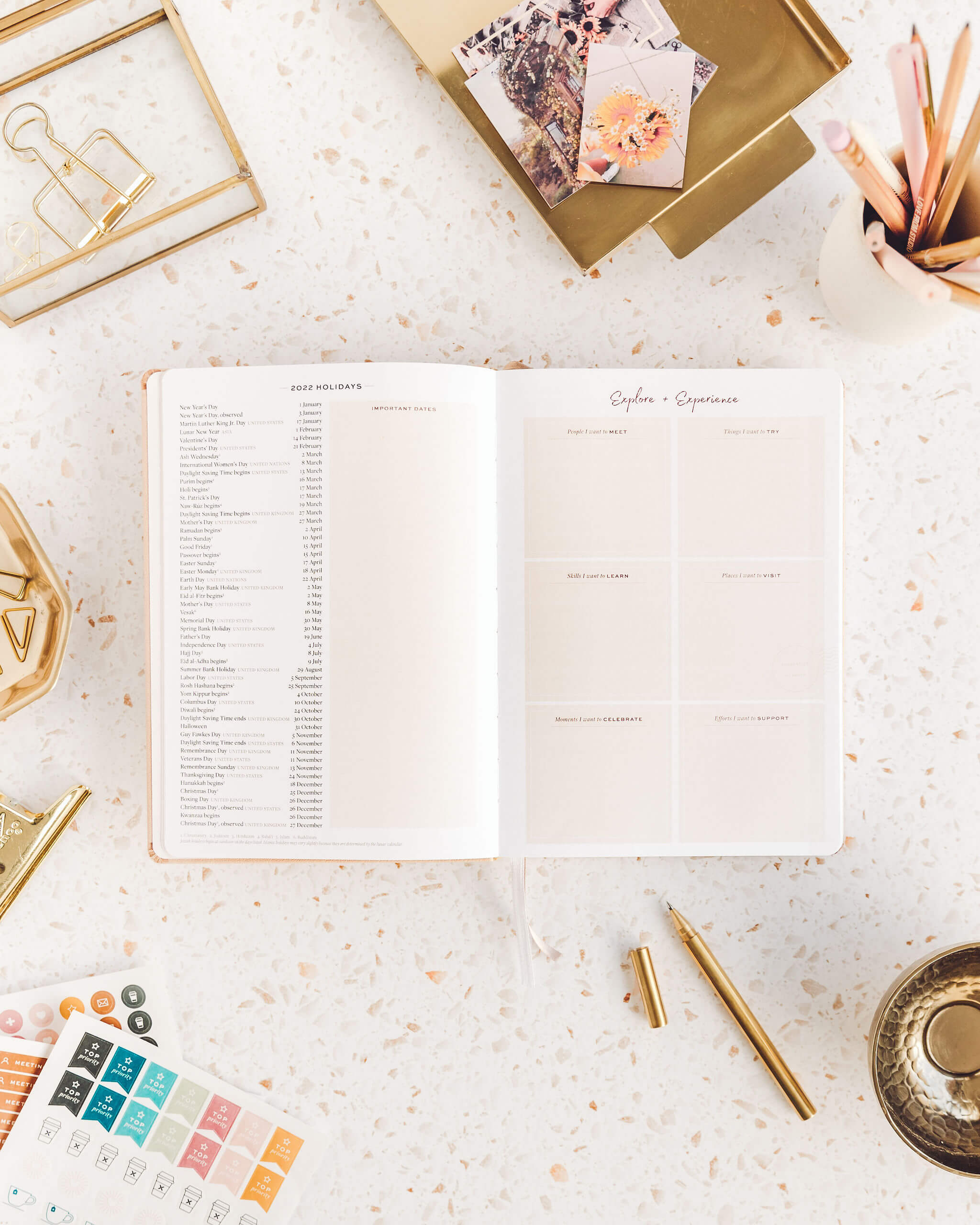 Open planner on tidy desk