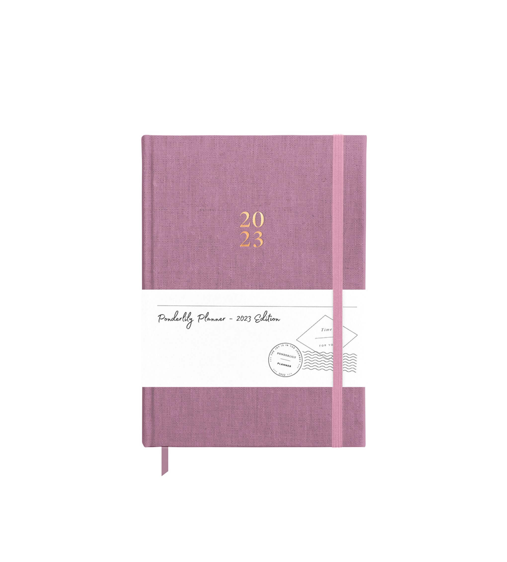 Ponderlily Weekly Planner 2023 in mauve color, featuring a stylish design with motivational quotes and organized sections for planning.