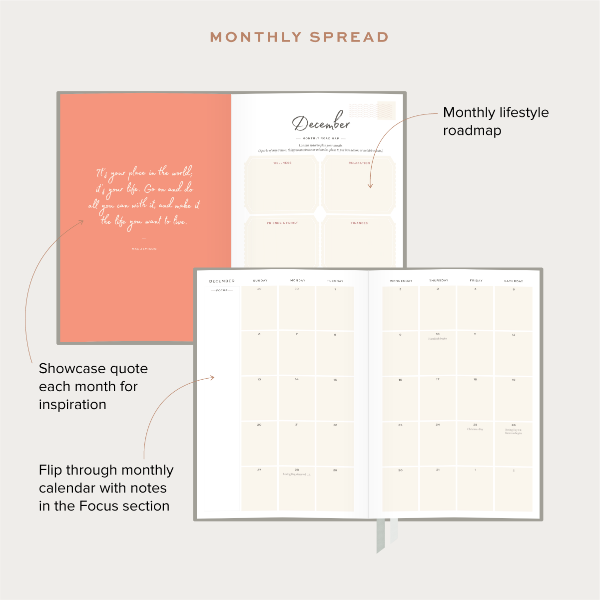 Ponderlily Weekly Planner 2023 in mauve color, featuring a stylish design with motivational quotes and organized sections for planning.