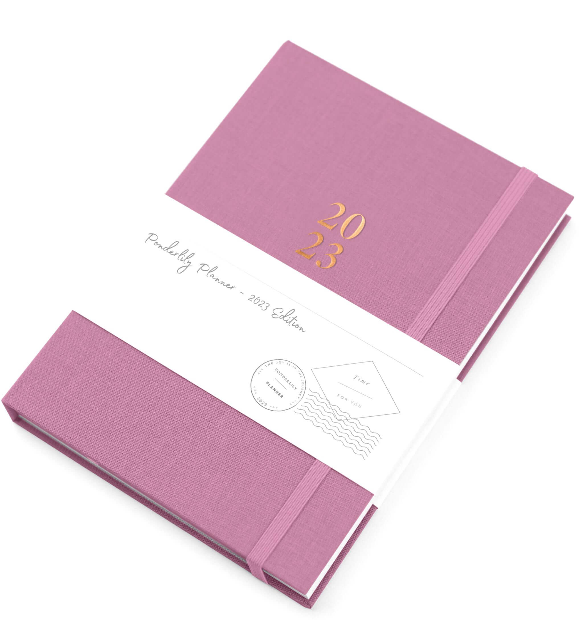 Ponderlily Weekly Planner 2023 in mauve color, featuring a stylish design with motivational quotes and organized sections for planning.