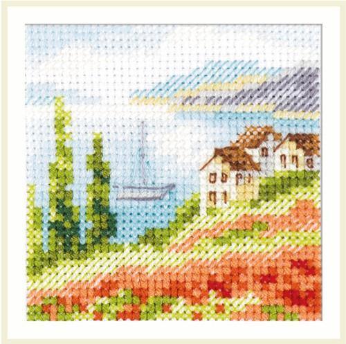 Poppies at the Sea counted cross-stitch kit with threads, needle, and fabric.