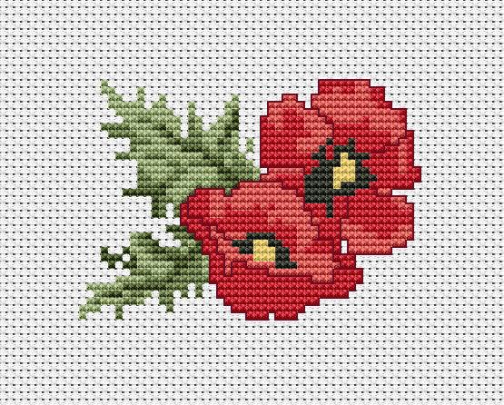 Poppies B023L Counted Cross-Stitch Kit with Aida canvas, Anchor threads, and needle, showcasing vibrant colors and detailed design.