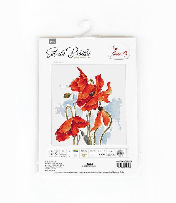 Poppies B2374L Counted Cross-Stitch Kit featuring vibrant colors and high-quality Aida canvas.