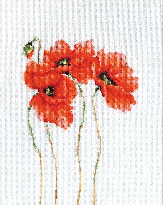 Poppies B2224L Counted Cross-Stitch Kit with colorful threads, Aida canvas, and needle.