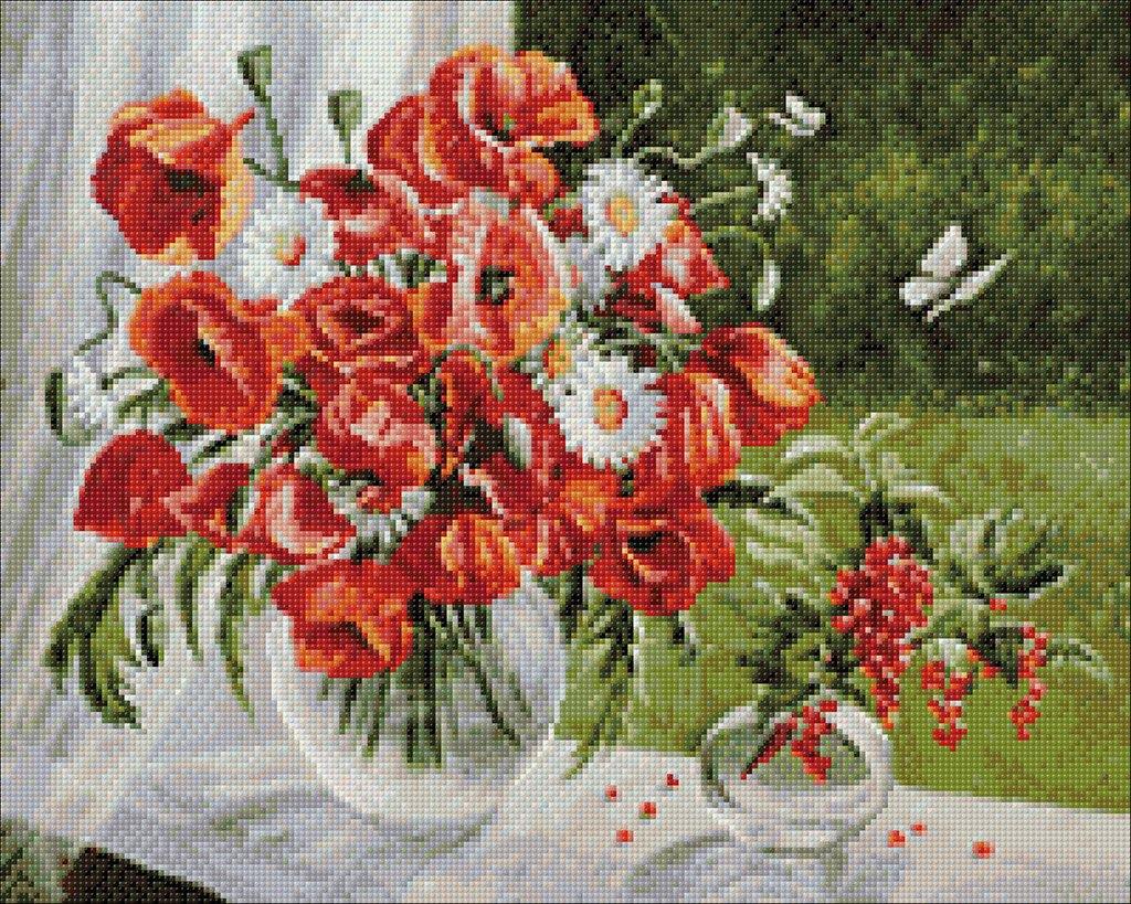 Poppies CS2621 Crafting Spark Diamond Painting Kit with colorful square acrylic diamonds and self-adhesive canvas.