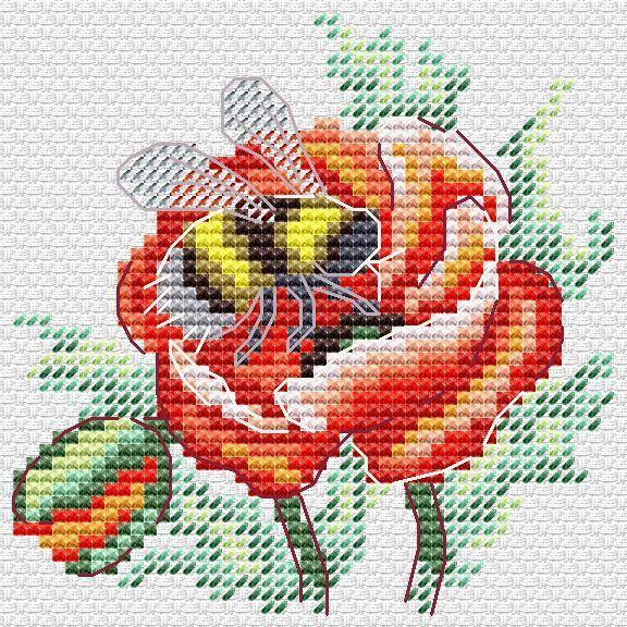 Poppy and Bumblebee SM-616 Counted Cross Stitch Kit featuring Aida canvas, colorful threads, and a needle.