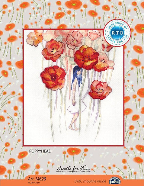 Poppyhead M629 Counted Cross Stitch Kit featuring white Aida fabric, colorful threads, and included accessories.