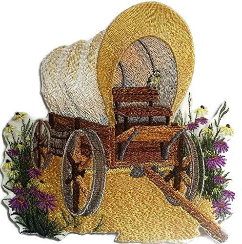 Prairie Wagon Scene embroidered patch showcasing vibrant colors and intricate design, perfect for iron-on or sewing applications.