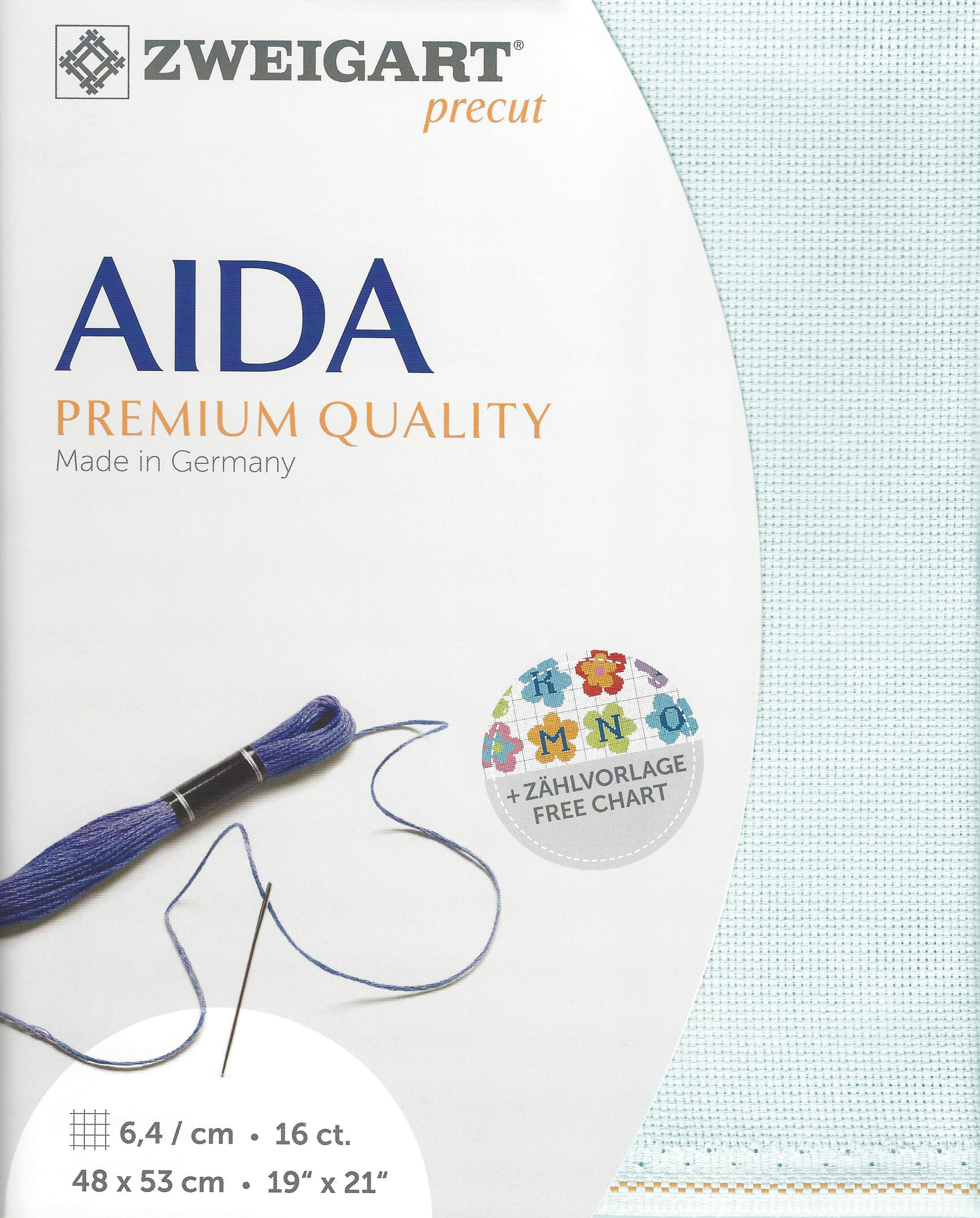 Precut Zweigart Aida 3251/550 Ice Blue fabric, 16 count, 100% cotton, dimensions 48x53 cm, perfect for embroidery projects.