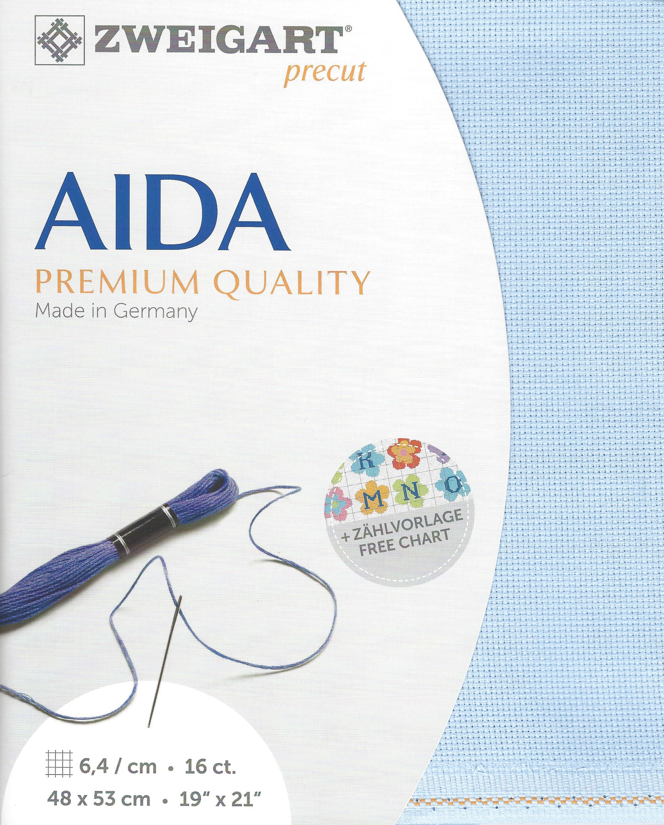 Precut Zweigart Aida 3251/503 Blue canvas, 16 count, 100% cotton, dimensions 48x53 cm, ideal for embroidery projects.