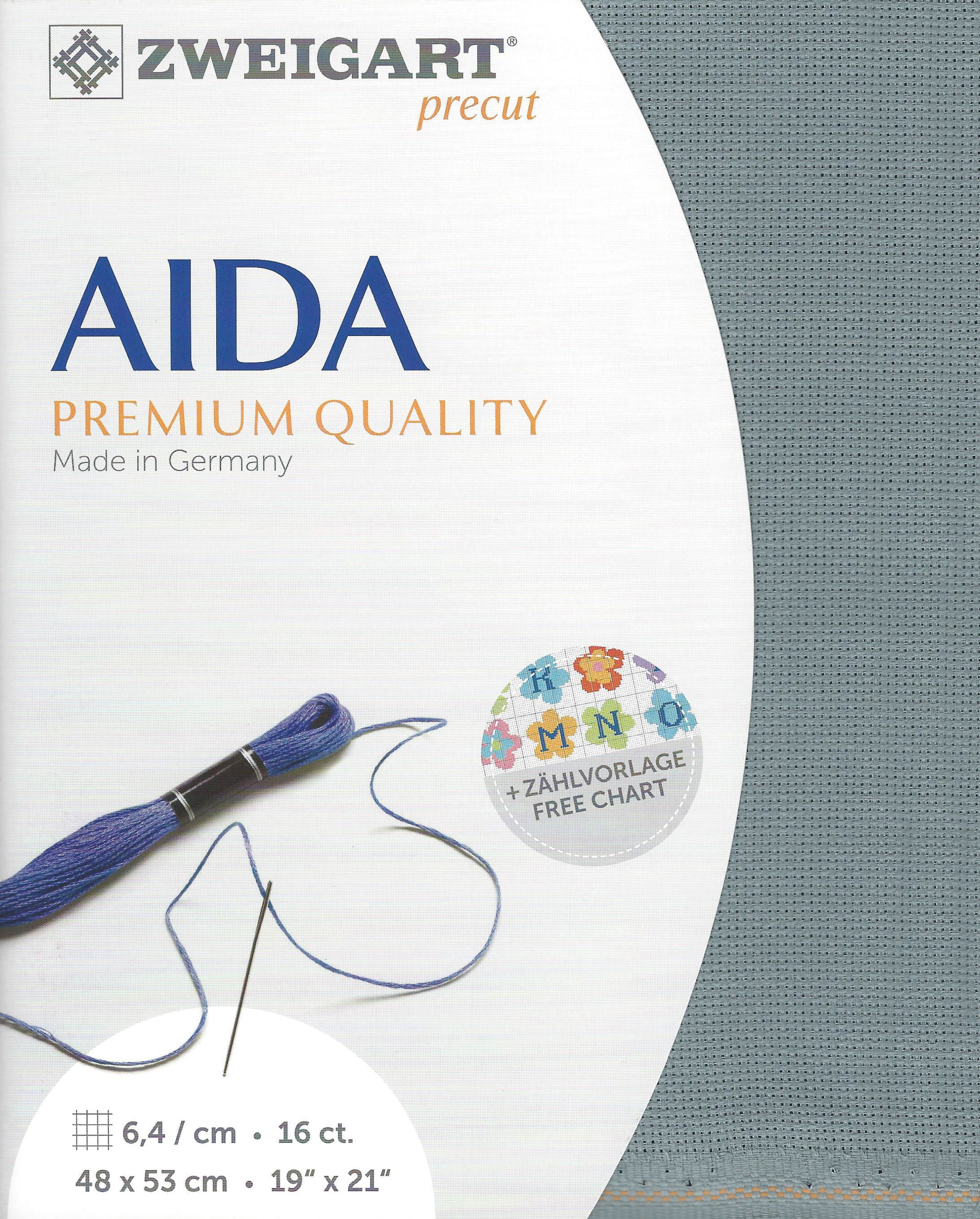 Precut Zweigart Aida 3251/594 Misty Blue fabric, 16 count, 100% cotton, dimensions 48x53 cm, perfect for embroidery projects.