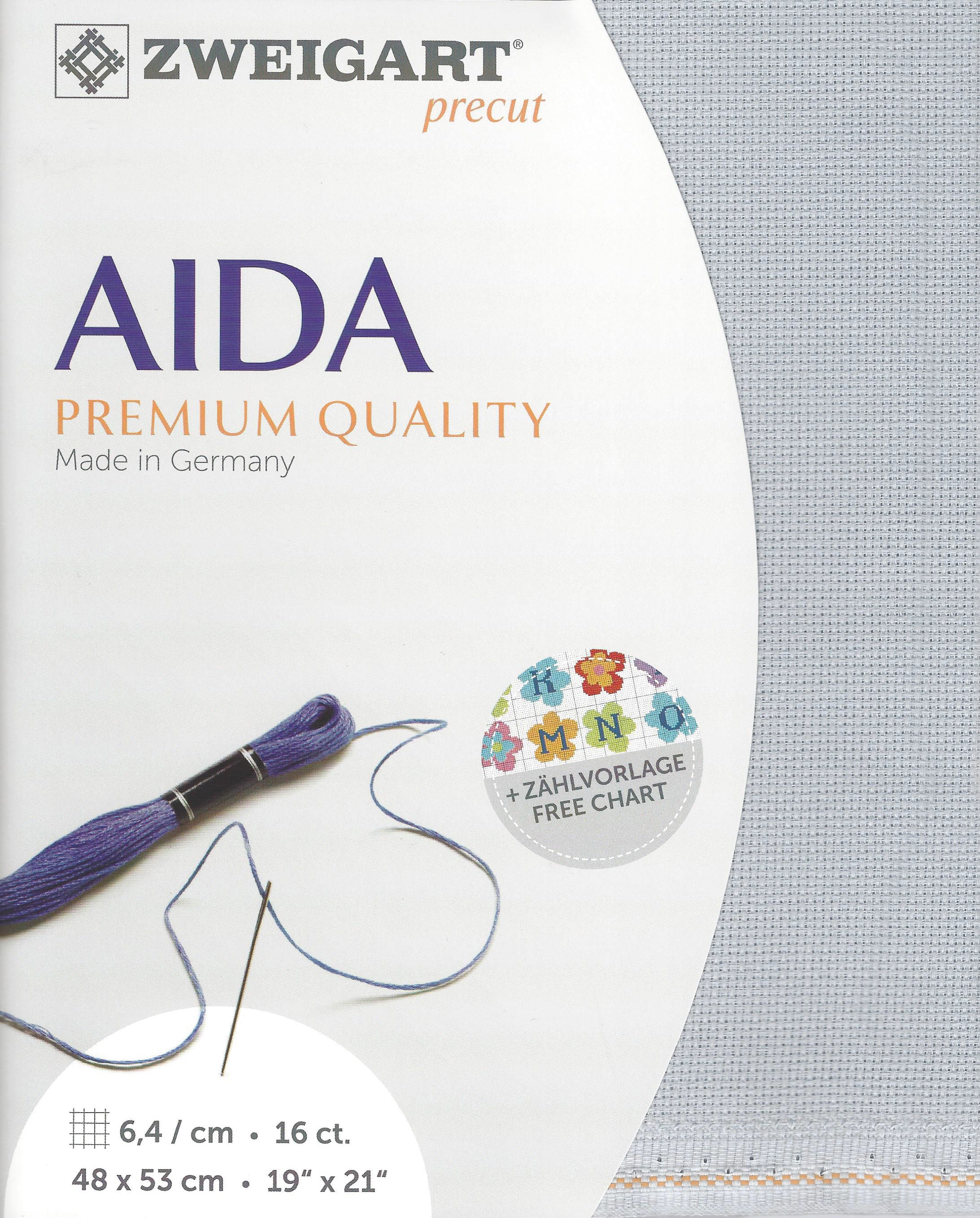 Precut Zweigart Aida 3251/713 Steel-Grey fabric, 16 count, 100% cotton, dimensions 48x53 cm, perfect for embroidery projects.