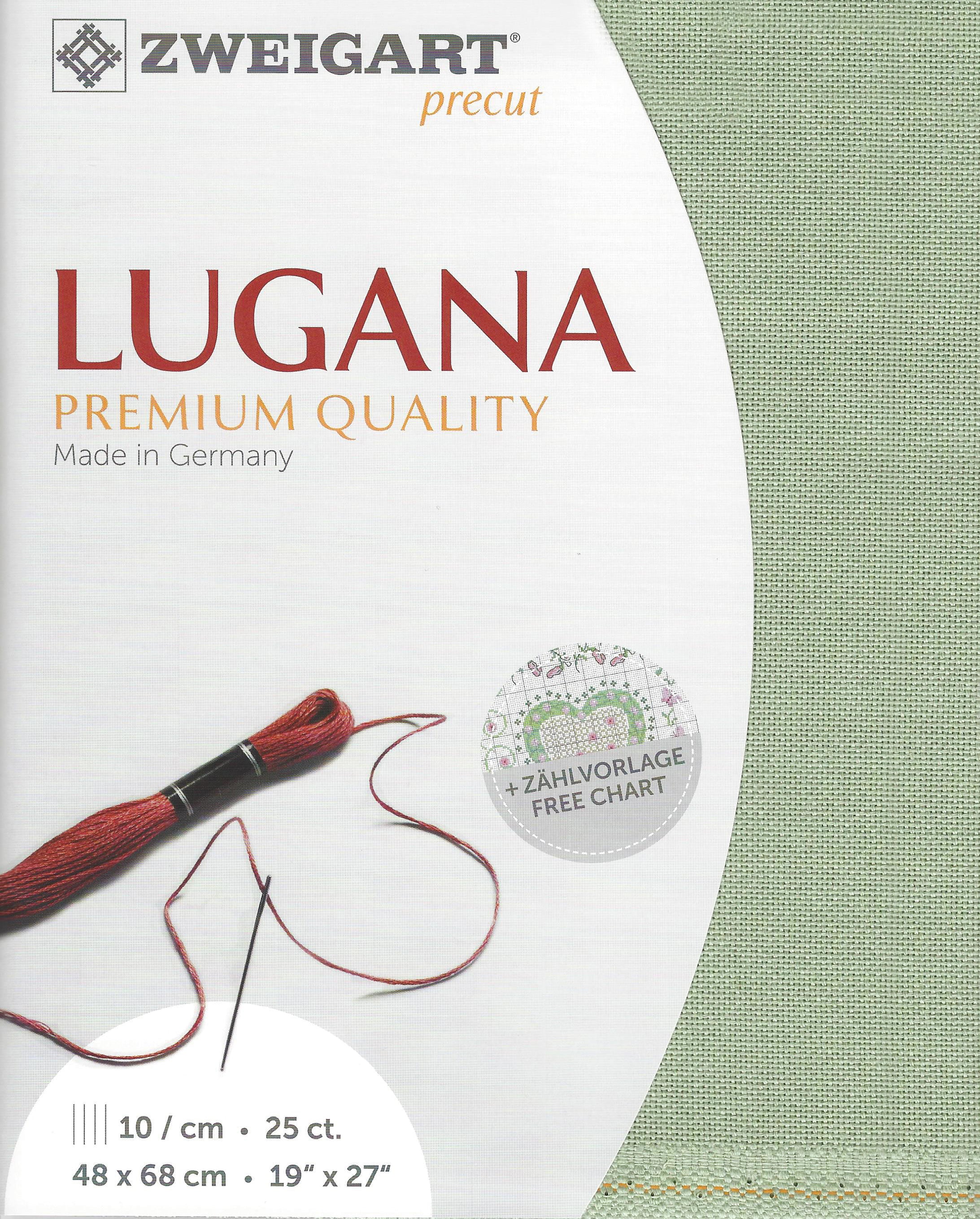 Precut Zweigart Lugana 25 count fabric in Moss Green, measuring 48x68 cm, ideal for embroidery projects.