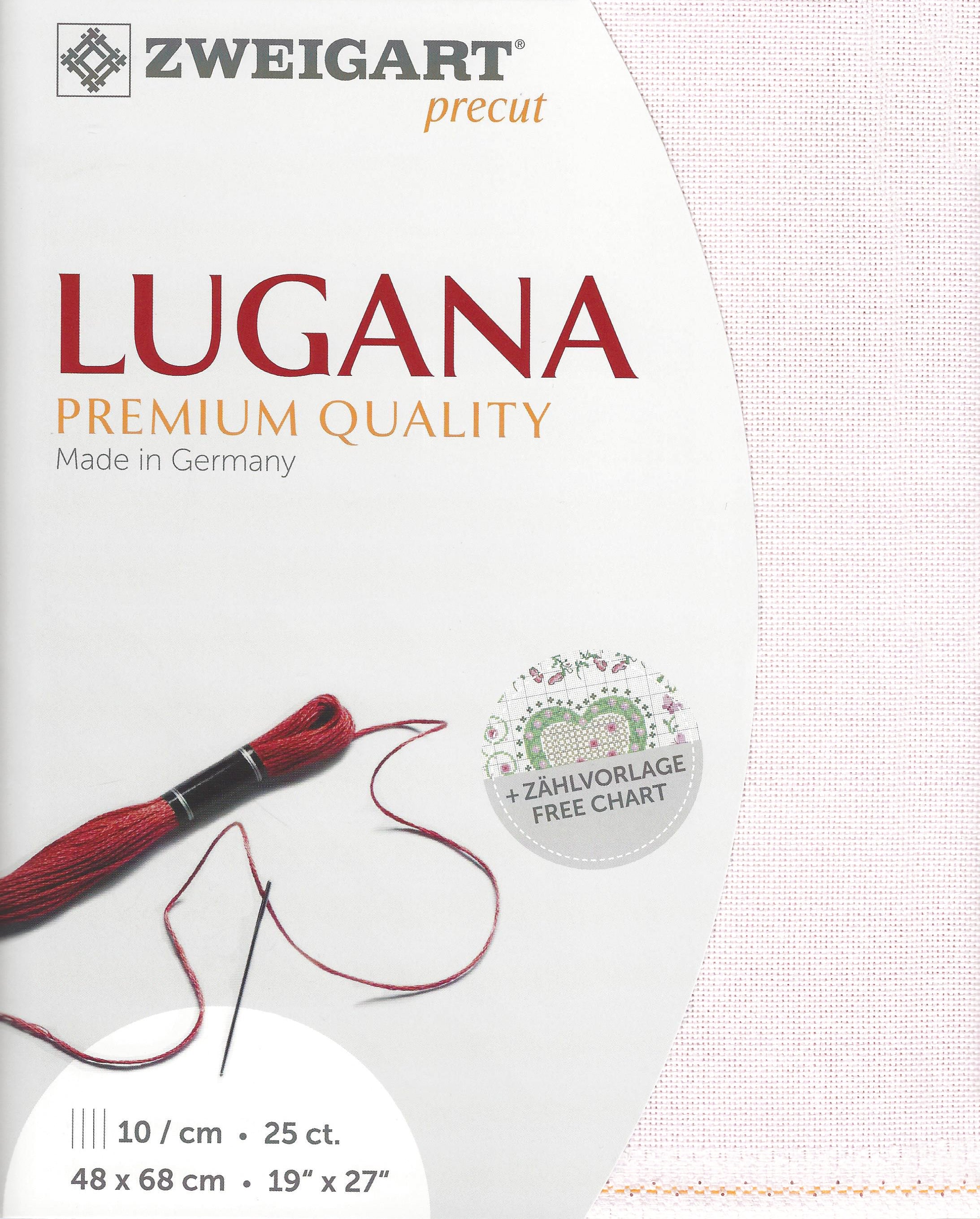 Precut Zweigart Lugana 25 count fabric in Pale Rose color, dimensions 48x68 cm, ideal for embroidery projects.