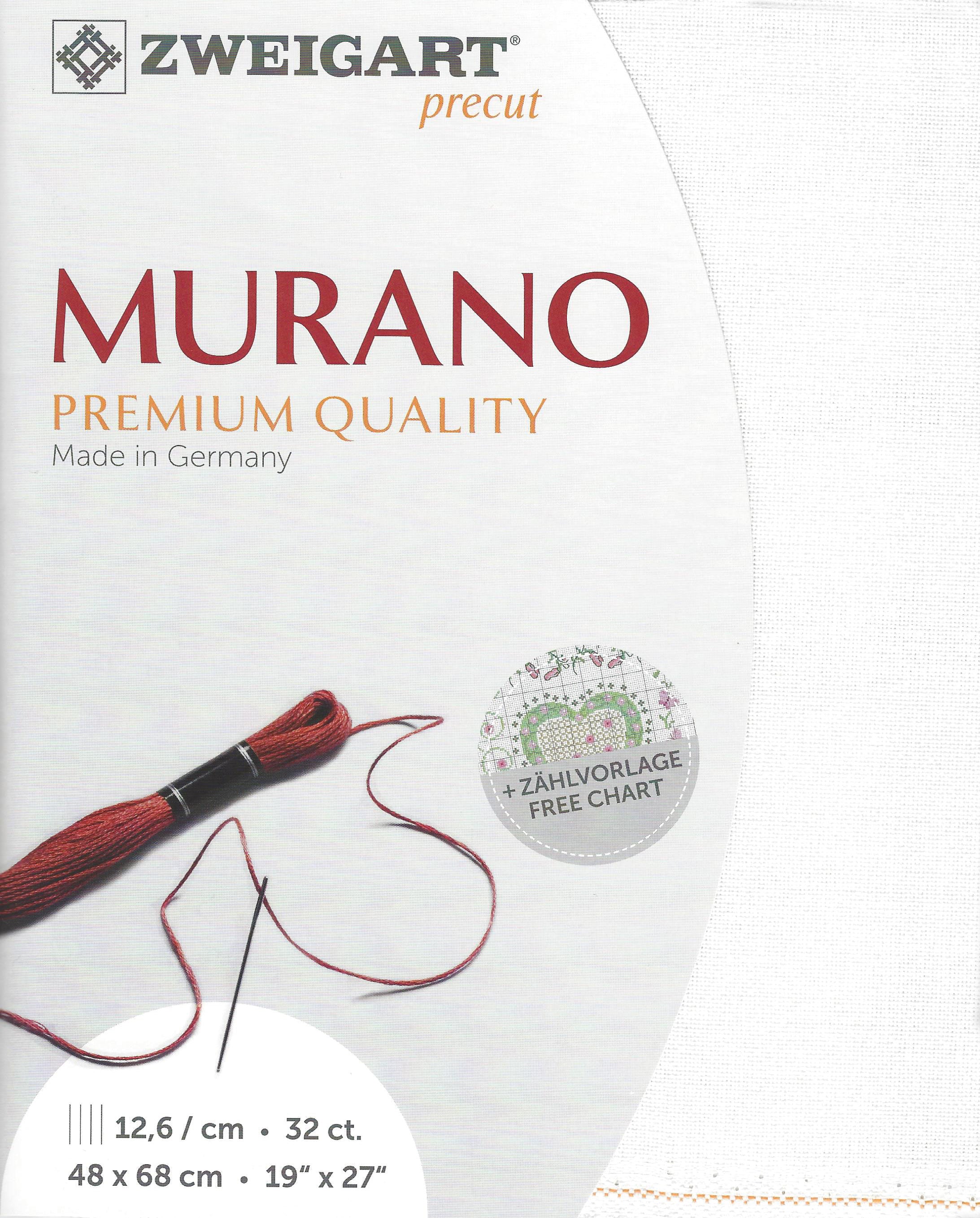 Precut Zweigart Murano 3984/100 White canvas, 32 count, dimensions 48x68 cm, ideal for needlework projects.