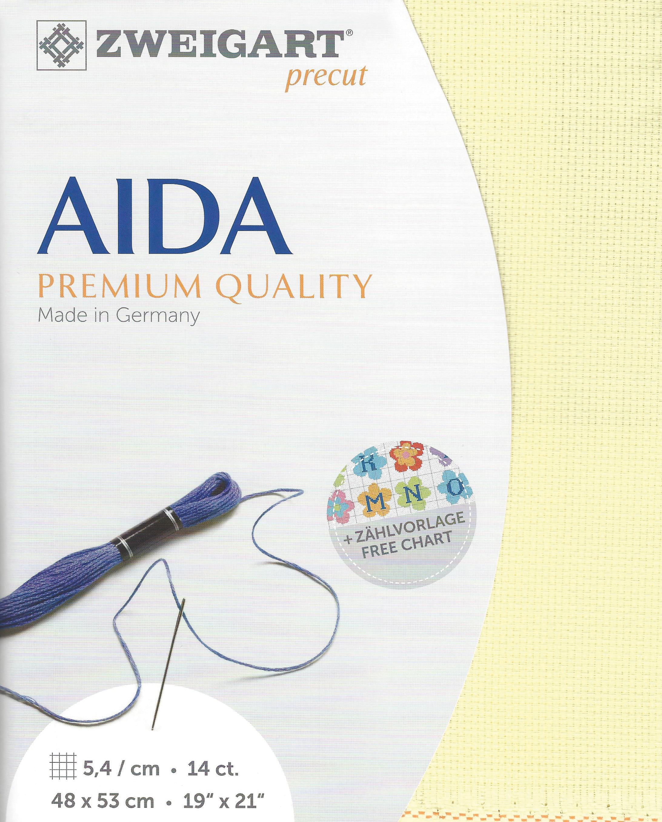 Precut Zweigart Stern-Aida 3706/2030 in vibrant yellow, 14 count cotton canvas, measuring 48x53 cm, ideal for embroidery projects.