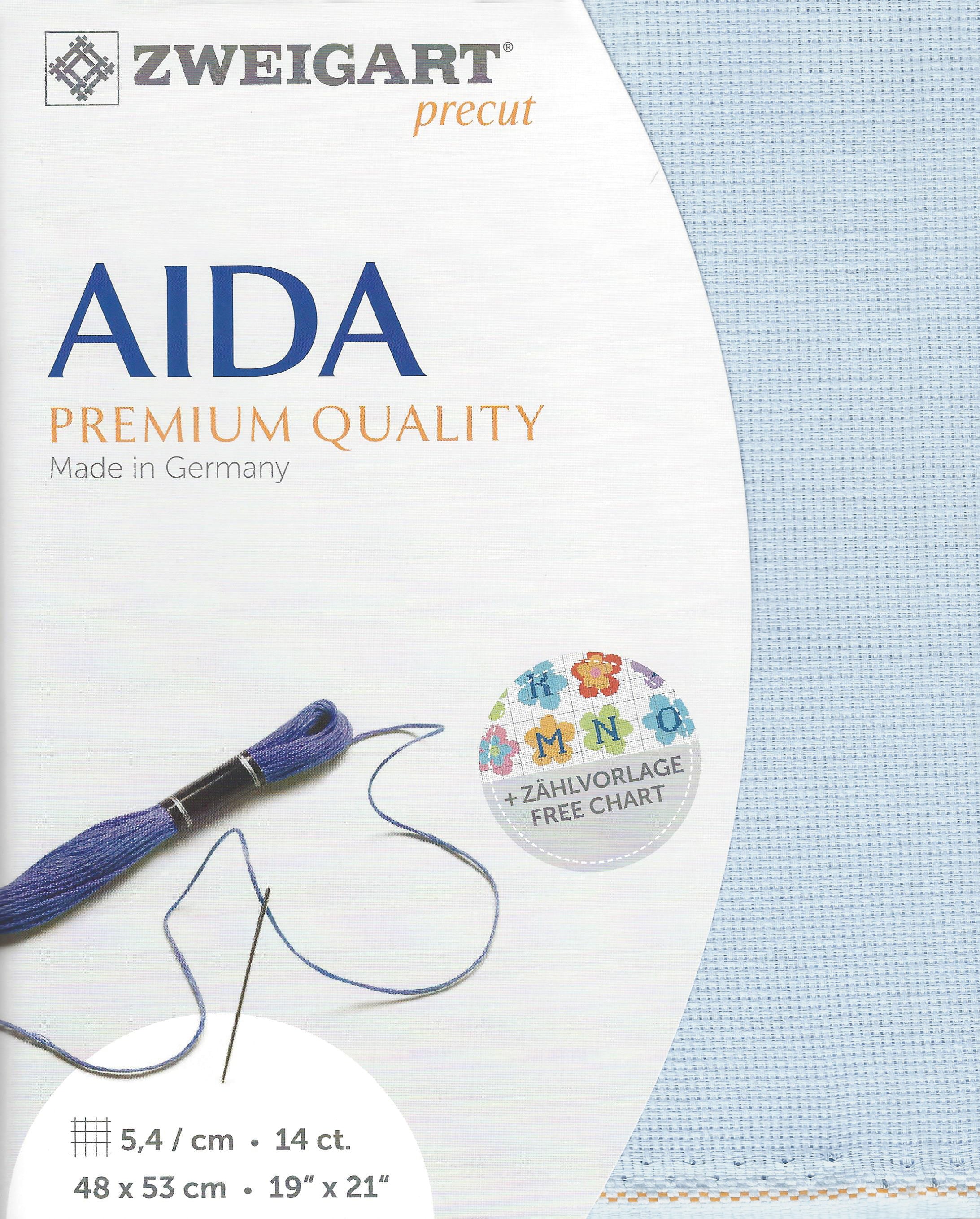 Precut Zweigart Stern-Aida 3706/5130 in Pale Blue, 14 count cotton canvas, dimensions 48x53 cm, ideal for embroidery projects.