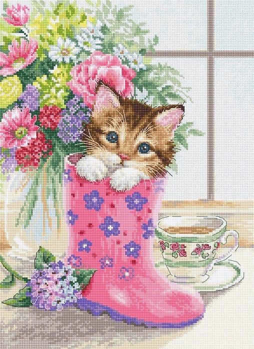 Pretty Kitten B2390L Counted Cross-Stitch Kit featuring a charming kitten design with colorful threads and Aida canvas.