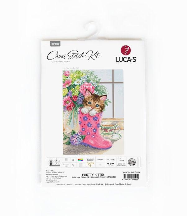 Pretty Kitten B2390L Counted Cross-Stitch Kit featuring a charming kitten design with colorful threads and Aida canvas.