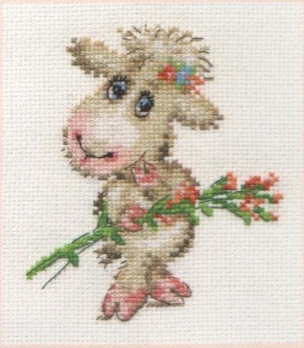 Pretty Lamb 0-105 Counted Cross-Stitch Kit featuring white aida fabric, colorful threads, and an embroidery needle.