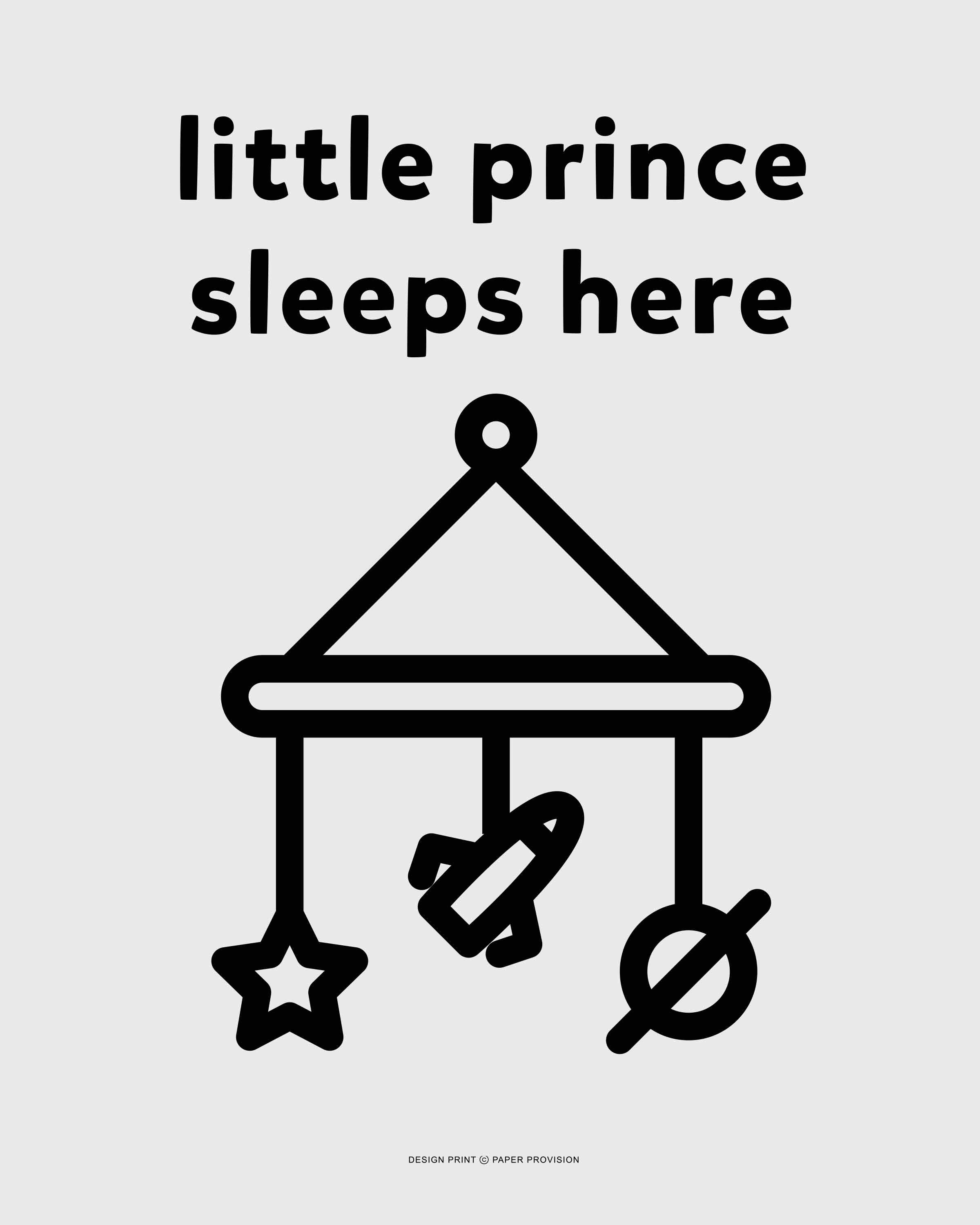 A charming wall art print featuring the phrase 'Prince Sleeps Here', designed for children's rooms, showcasing high-quality colors and details.