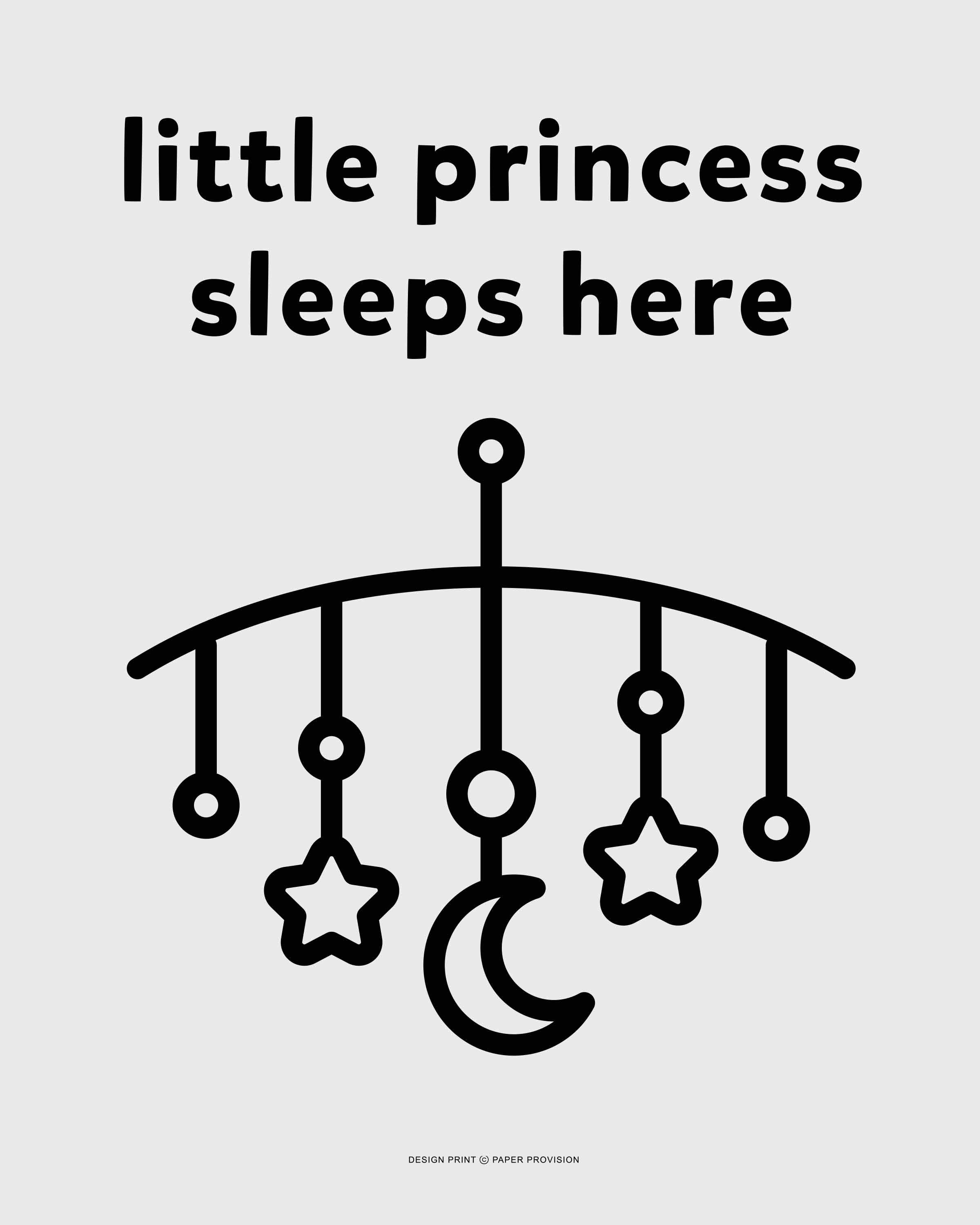 A whimsical print featuring the phrase 'Princess Sleeps Here', designed for children's rooms, showcasing vibrant colors and enchanting graphics.