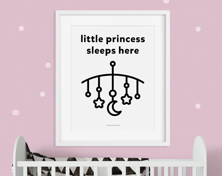 A whimsical print featuring the phrase 'Princess Sleeps Here', designed for children's rooms, showcasing vibrant colors and enchanting graphics.