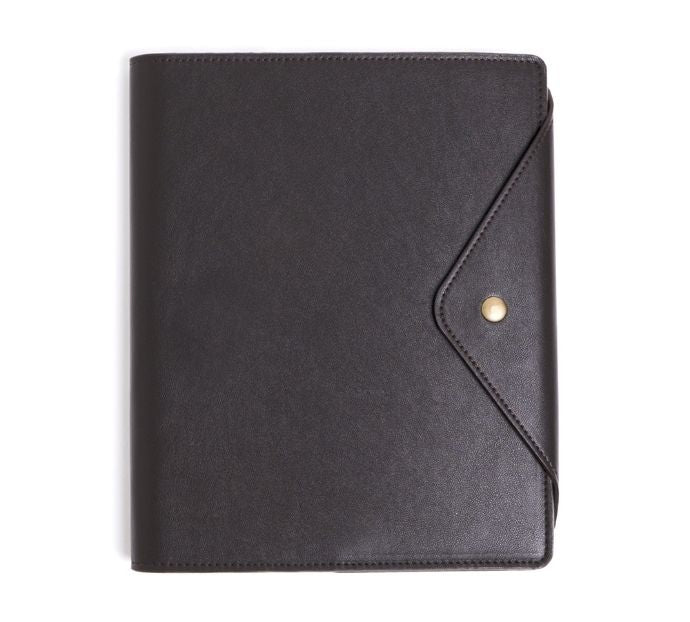 Elegant vegan leather Professional Portfolio Case with organized compartments for documents, business cards, and writing accessories.