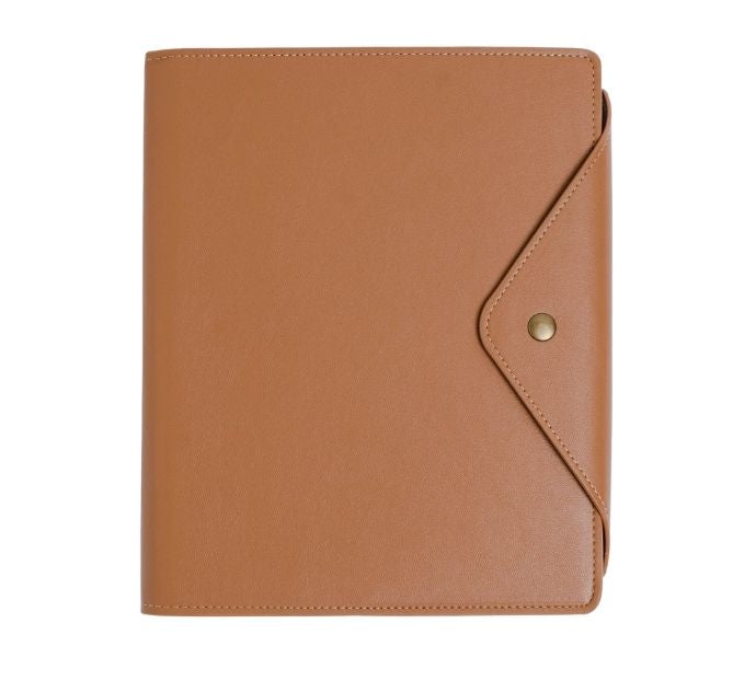 Elegant vegan leather Professional Portfolio Case with organized compartments for documents, business cards, and writing accessories.