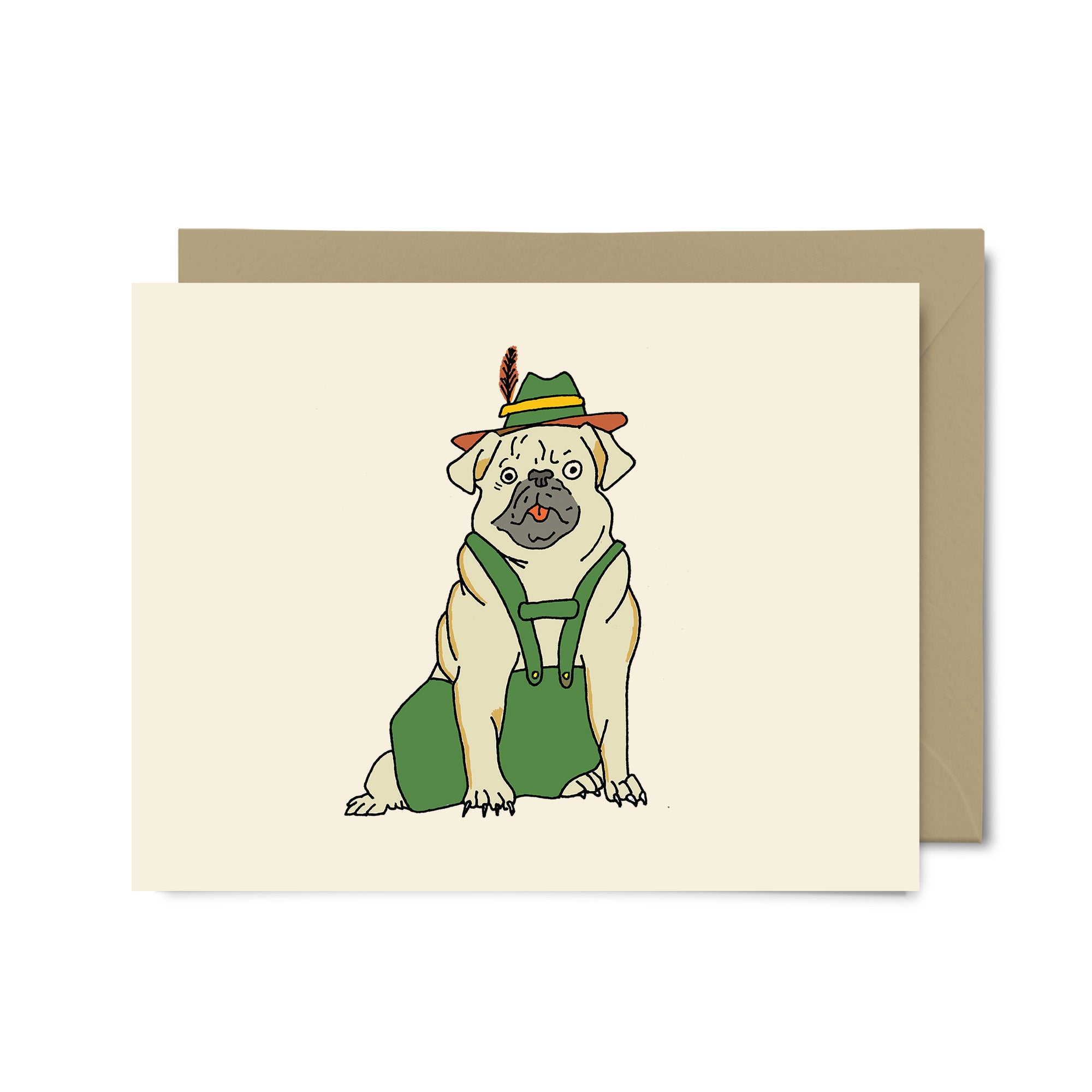 A charming notecard featuring a pug in lederhosen, showcasing an original ink drawing by Erwin Ong.