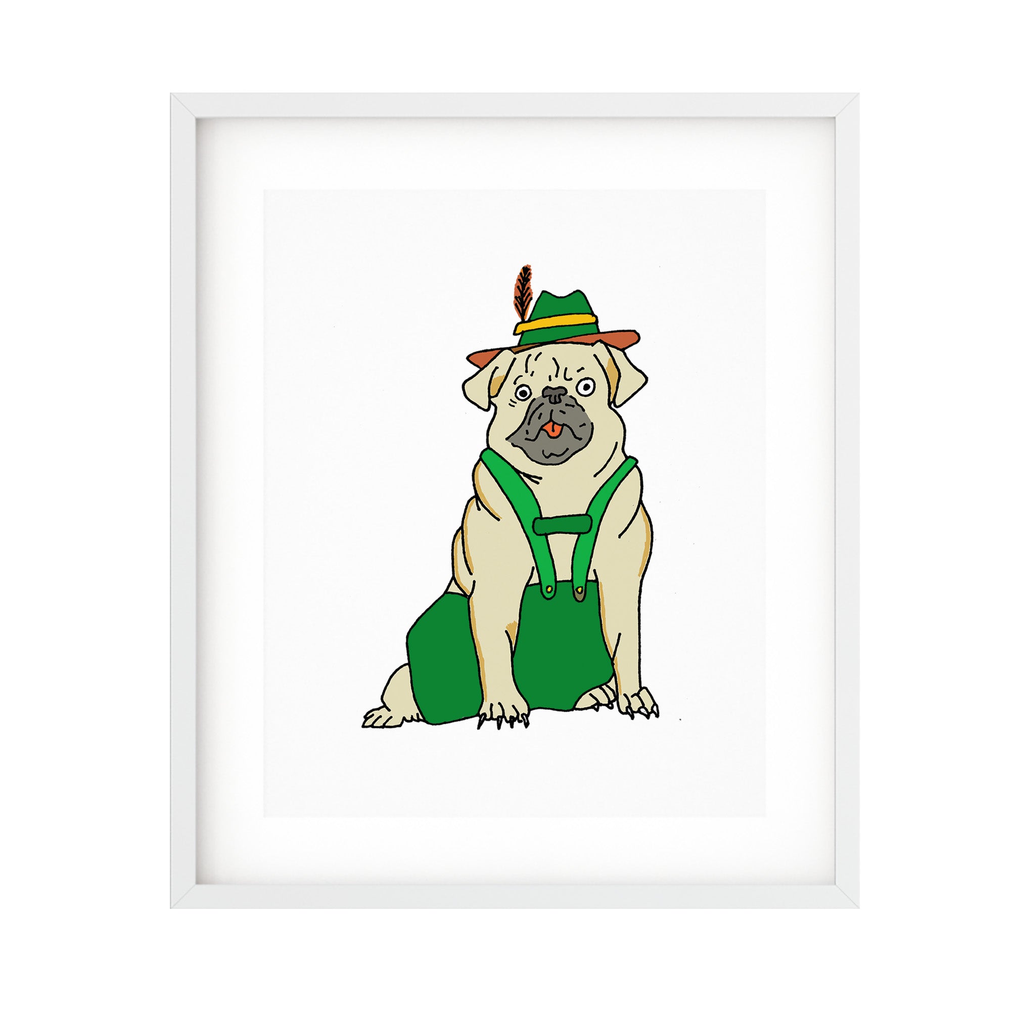 A colorful illustration of a happy pug wearing lederhosen, perfect for home decor.