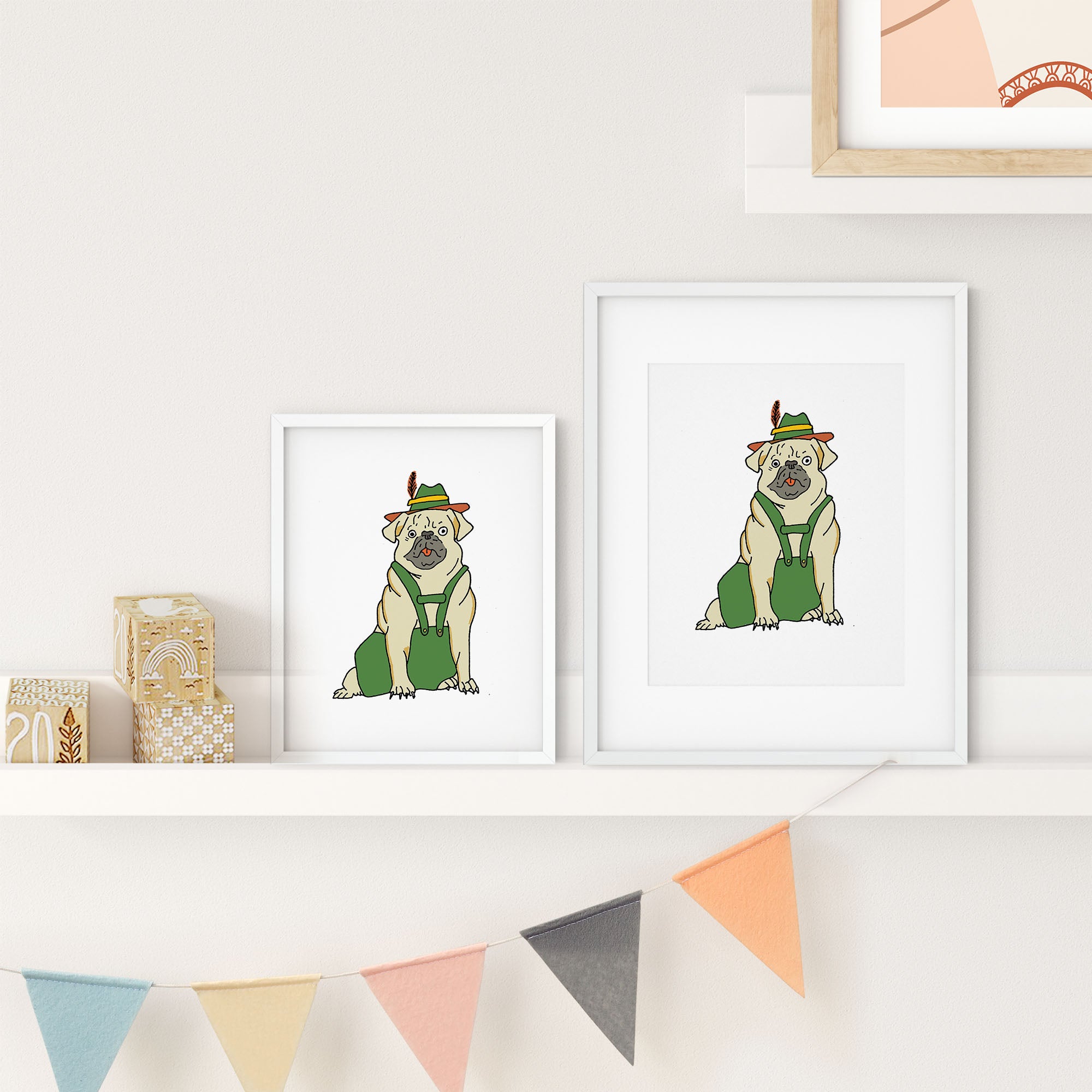 A colorful illustration of a happy pug wearing lederhosen, perfect for home decor.