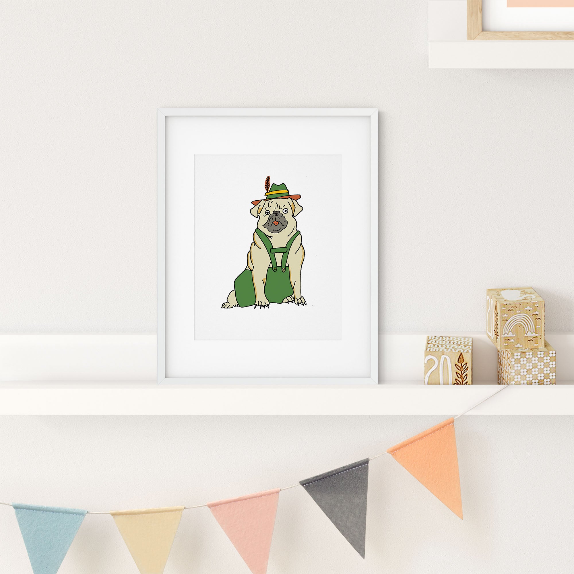 A colorful illustration of a happy pug wearing lederhosen, perfect for home decor.