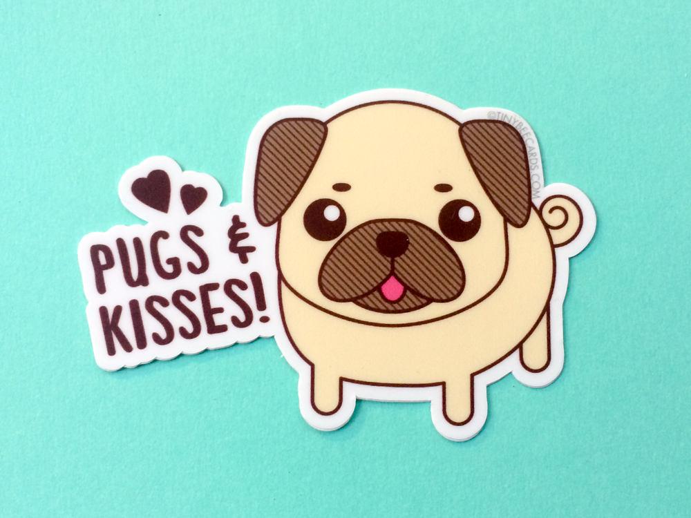 A cute vinyl sticker featuring a pug dog with the text 'Pugs & Kisses', perfect for personalizing items.