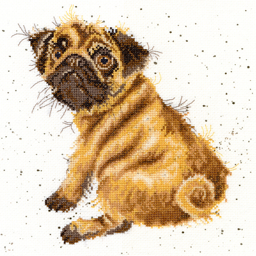 Pug XHD11 Counted Cross Stitch Kit featuring 14 count Aida fabric, pre-sorted threads, and a stitch diagram.