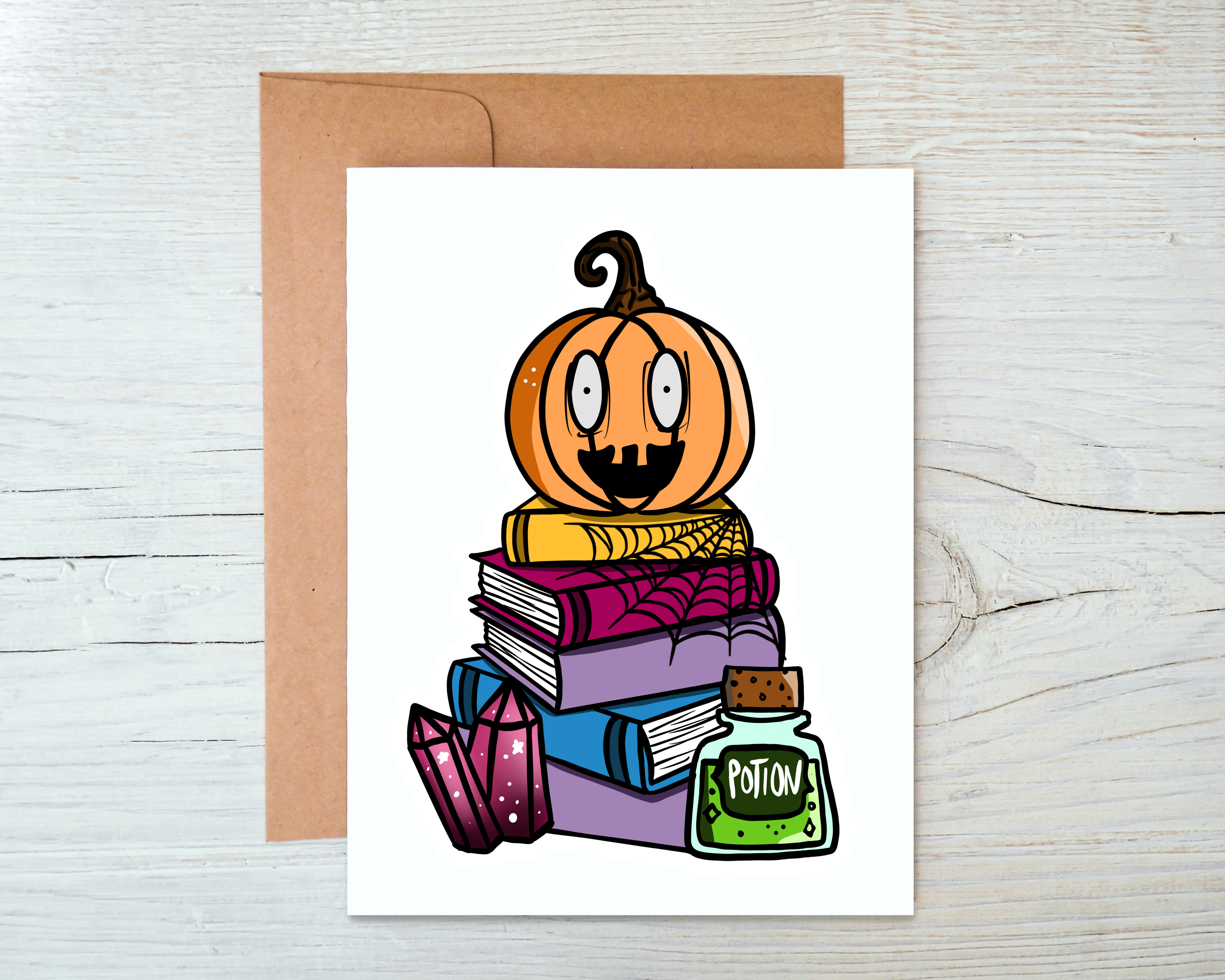 Pumpkin Book Stack Card with a kraft envelope, featuring a colorful autumn design.