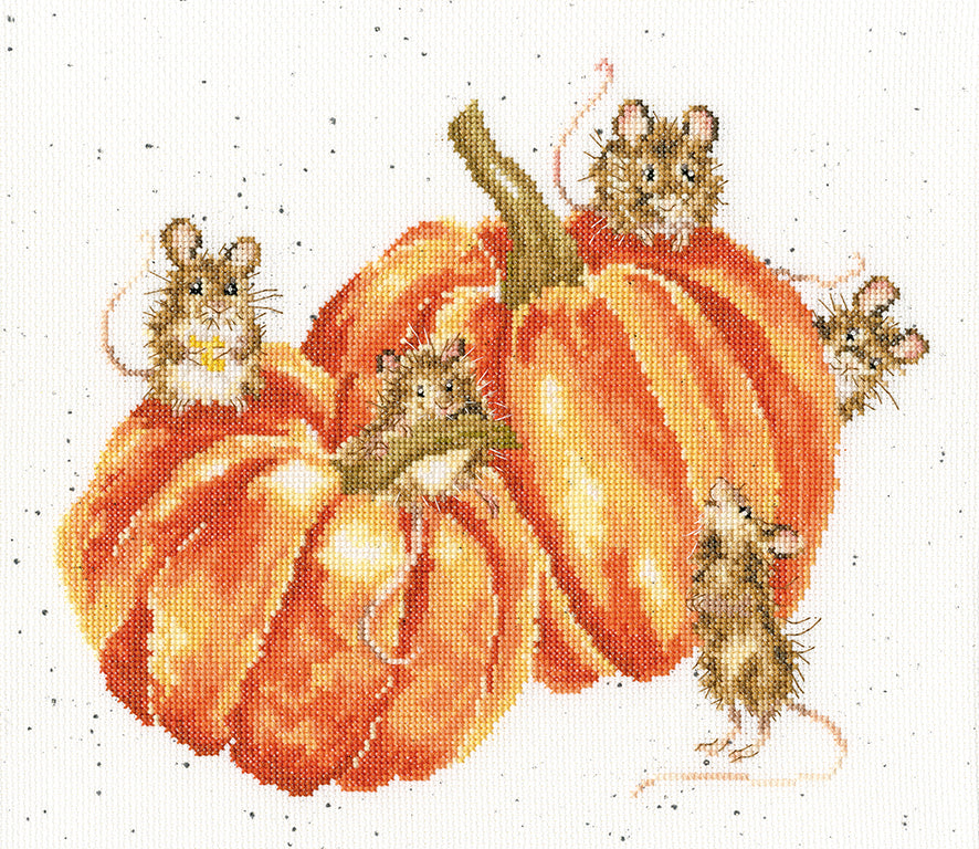 Pumpkin, Spice And All Things Mice XHD68 Counted Cross Stitch Kit featuring colorful threads and Aida fabric.