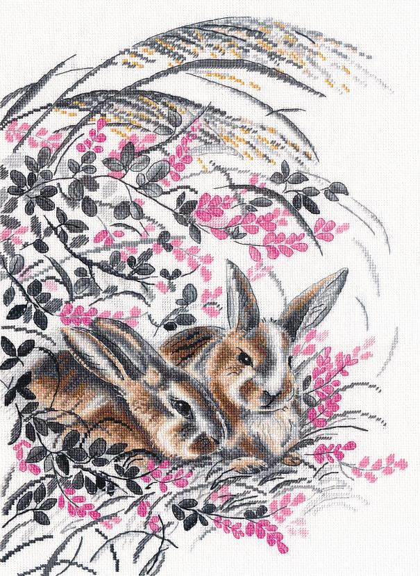 Rabbit 1428 Counted Cross Stitch Kit featuring colorful threads, Zweigart canvas, and a color symbolic scheme.